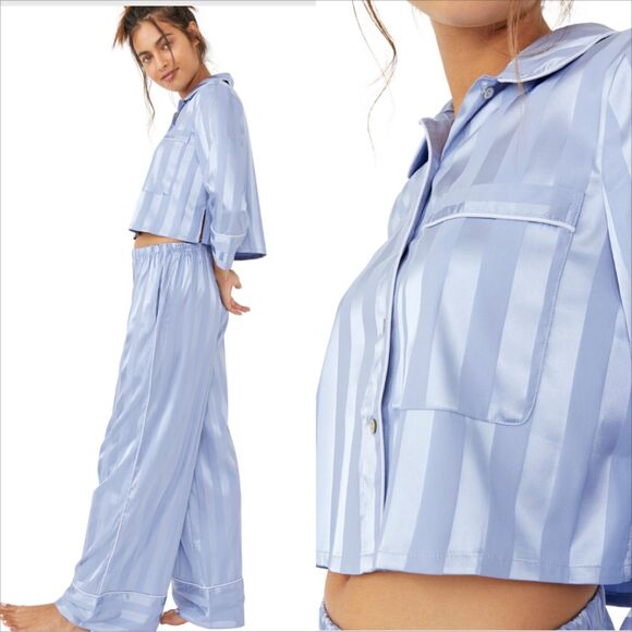 Free People Intimately Pajama Party Sleep Set Size Medium Hazy Blue Stripe Satin - Picture 2 of 9